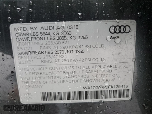 2015 Audi SQ5 Premium Plus with VIN WA1CGAFP0FA125418, listed as a Copart auction lot 58031415 with 156,188 mi miles and Salvage title. Bid and sale history available at DreamBid. Image 14.