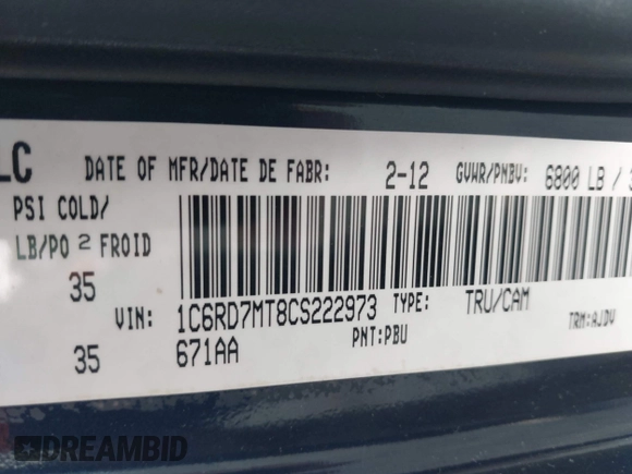 2012 Ram 1500 Sport с VIN 1C6RD7MT8CS222973, выставлен на аукционе IAAI как лот 42315630 с пробегом 131 920 миль миль и . История ставок и продаж доступна на DreamBid. Изображение 9.