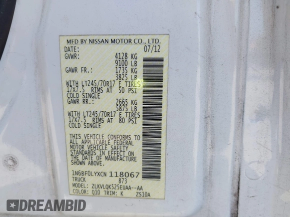 2012 Nissan NV SV with VIN 1N6BF0LYXCN118067, listed as a IAAI auction lot 42068850 with 239,755 mi miles and . Bid and sale history available at DreamBid. Image 9.