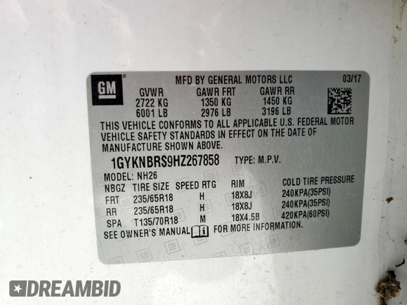 2017 Cadillac XT5 Luxury FWD with VIN 1GYKNBRS9HZ267858, listed as a Copart auction lot 58360695 with Not provided miles and Clean title. Bid and sale history available at DreamBid. Image 13.