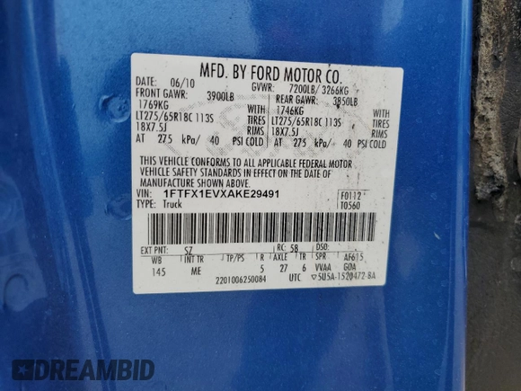 2010 Ford F-150 XL с VIN 1FTFX1EVXAKE29491, выставлен на аукционе Copart как лот 60683095 с пробегом Не указан миль и На запчасти • Non repairable. История ставок и продаж доступна на DreamBid. Изображение 12.