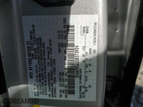 2018 Ford Fusion Energi Titanium with VIN 3FA6P0SU2JR273924, listed as a Copart auction lot 42879823 with 90,518 mi miles. Bid and sale history available at carsss.com. Image 14.