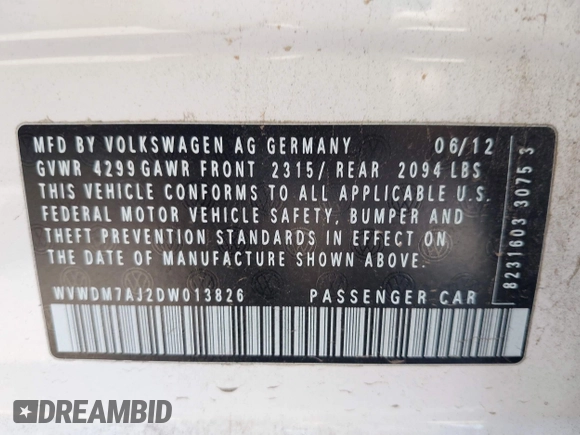 2013 Volkswagen Golf TDI z VIN WVWDM7AJ2DW013826, wystawiony jako IAAI lot #41510579 z przebiegiem 87 716 mil mil oraz . Historia ofert i sprzedaży dostępna na DreamBid. Obrazek 9.