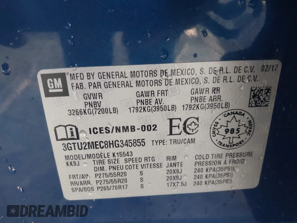 2017 GMC Sierra 1500 SLE with VIN 3GTU2MEC8HG345855, listed as a IAAI auction lot 42004600 with 104,767 mi miles and . Bid and sale history available at DreamBid. Image 9.