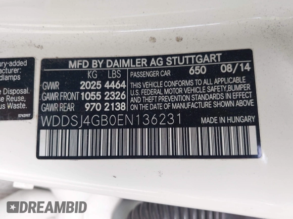 2014 Mercedes-Benz CLA 250 with VIN WDDSJ4GB0EN136231, listed as a IAAI auction lot 42046182 with 94,729 mi miles and . Bid and sale history available at DreamBid. Image 9.
