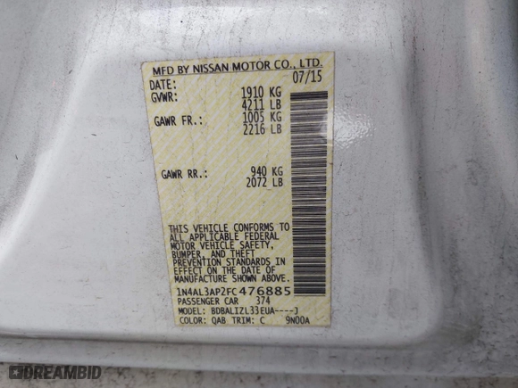 2015 Nissan Altima 2.5 S with VIN 1N4AL3AP2FC476885, listed as a IAAI auction lot 41917690 with 147,345 mi miles. Bid and sale history available at carsss.com. Image 9.