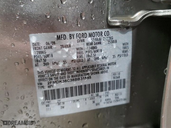2008 Ford Edge SEL with VIN 2FMDK38C38BB31585, listed as a Copart auction lot 49402955 with 190,585 mi miles and Salvage Title. Bid and sale history available at carsss.com. Image 13.