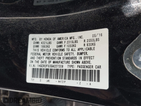 2016 Honda Accord Sport with VIN 1HGCR2F50GA227308, listed as a IAAI auction lot 42532929 with 249,266 mi miles and . Bid and sale history available at DreamBid. Image 9.