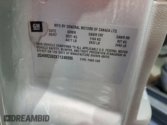 2007 Buick LaCrosse CX with VIN 2G4WC582X71248996, listed as a Copart auction lot 41673445 with 147,801 mi miles and Salvage title. Bid and sale history available at DreamBid. Image 12.