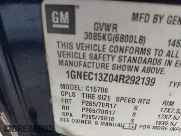 2004 Chevrolet Tahoe LS z VIN 1GNEC13Z04R292139, wystawiony jako IAAI lot #42294818 z przebiegiem 372 010 mil mil oraz . Historia ofert i sprzedaży dostępna na DreamBid. Obrazek 9.