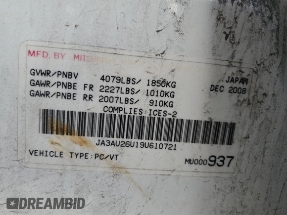 2009 Mitsubishi Lancer ES with VIN JA3AU26U19U610721, listed as a Copart auction lot 69601814 with 282,063 mi miles and Clean Title. Bid and sale history available at carsss.com. Image 13.