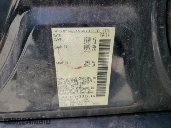 2015 Nissan Altima 2.5 with VIN 1N4AL3AP7FN331636, listed as a Copart auction lot 57408535 with 126,610 mi miles and Salvage title. Bid and sale history available at DreamBid. Image 12.