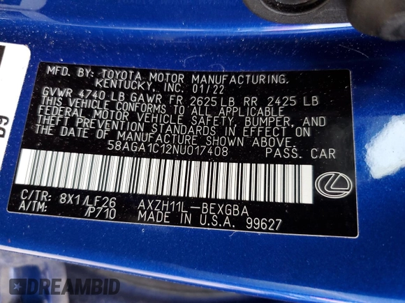 2022 Lexus ES 300h F Sport with VIN 58AGA1C12NU017408, listed as a Copart auction lot 74771444 with 11,885 mi miles and Salvage title. Bid and sale history available at DreamBid. Image 13.