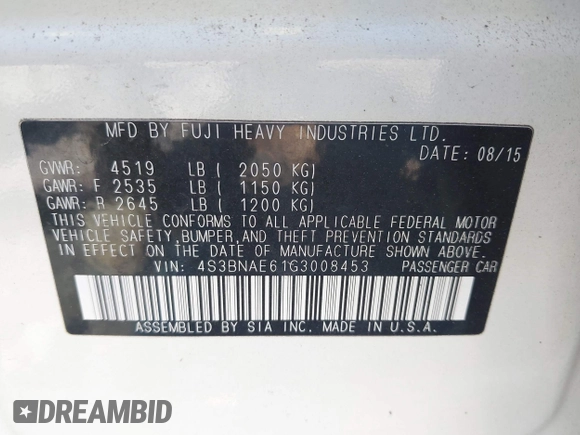 2016 Subaru Legacy Premium with VIN 4S3BNAE61G3008453, listed as a IAAI auction lot 42592370 with 97,912 mi miles and . Bid and sale history available at DreamBid. Image 9.