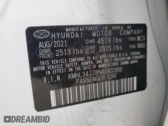 2022 Hyundai Sonata Hybrid SEL with VIN KMHL34JJ8NA040388, listed as a Copart auction lot 71458373 with 8,650 mi miles. Bid and sale history available at carsss.com. Image 14.