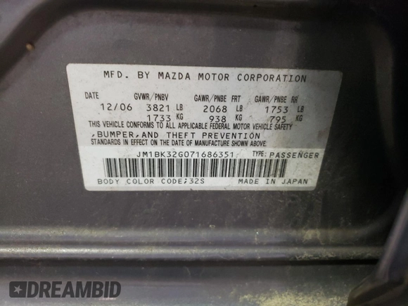 2007 Mazda 3 i Touring with VIN JM1BK32G071686351, listed as a Copart auction lot 88003405 with 155,833 mi miles and Non Repairable. Bid and sale history available at DreamBid. Image 12.