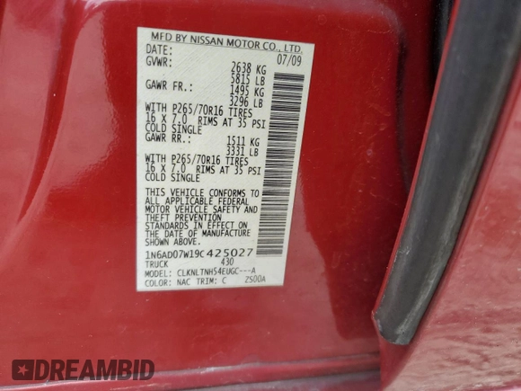 2009 Nissan Frontier SE with VIN 1N6AD07W19C425027, listed as a Copart auction lot 85782414 with Not provided miles and Non repairable. Bid and sale history available at DreamBid. Image 12.