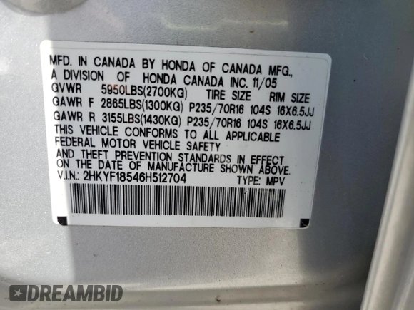 2006 Honda Pilot EX-L with VIN 2HKYF18546H512704, listed as a Copart auction lot 53295185 with 218,307 mi miles and Salvage Title. Bid and sale history available at DreamBid. Image 13.