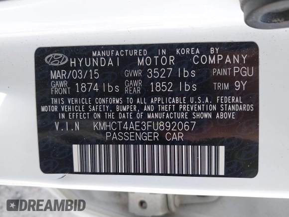 2015 Hyundai Accent GLS with VIN KMHCT4AE3FU892067, listed as a IAAI auction lot 41752679 with 72,415 mi miles and . Bid and sale history available at DreamBid. Image 9.