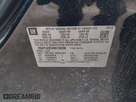 2013 GMC Terrain SLT with VIN 2GKFLWE34D6106038, listed as a IAAI auction lot 42530581 with 207,643 mi miles and . Bid and sale history available at DreamBid. Image 9.
