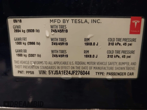 2018 Tesla Model S 75D with VIN 5YJSA1E24JF276044, listed as a IAAI auction lot 41798530 with 53,462 mi miles and . Bid and sale history available at DreamBid. Image 9.