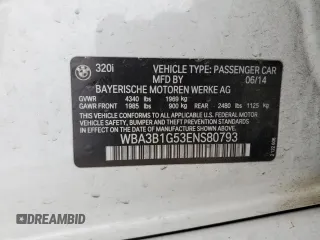 2014 BMW 3 Series 320i with VIN WBA3B1G53ENS80793, listed as a Copart auction lot 53149125 with 98,531 mi miles and Salvage Title. Bid and sale history available at carsss.com. Image 14.