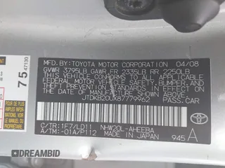 2008 Toyota Prius z VIN JTDKB20UX87779962, wystawiony jako IAAI lot #42461194 z przebiegiem Nie podano mil oraz . Historia ofert i sprzedaży dostępna na DreamBid. Obrazek 9.