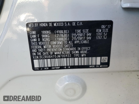 2018 Honda HR-V EX-L Navi with VIN 3CZRU6H70JM700433, listed as a Copart auction lot 42049345 with 85,216 mi miles and Salvage Title. Bid and sale history available at carsss.com. Image 13.