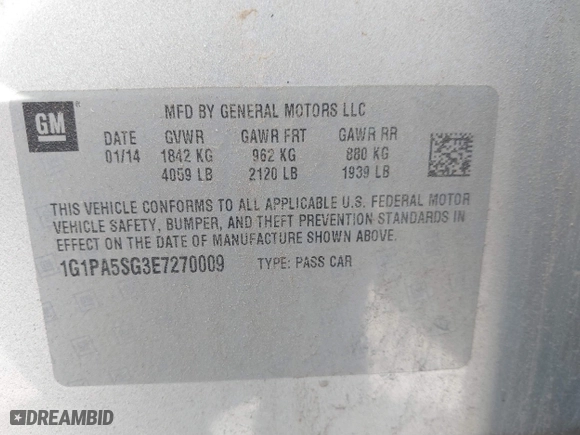 2014 Chevrolet Cruze LS with VIN 1G1PA5SG3E7270009, listed as a IAAI auction lot 40033837 with 94,577 mi miles. Bid and sale history available at carsss.com. Image 9.