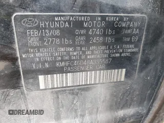 2008 Hyundai Azera GLS with VIN KMHFC46D48A335587, listed as a IAAI auction lot 42092272 with 174,537 mi miles and . Bid and sale history available at DreamBid. Image 9.