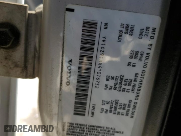 2004 Volvo XC90 with VIN YV1CZ91HX41076752, listed as a Copart auction lot 76127154 with 224,812 mi miles and Salvage Title. Bid and sale history available at carsss.com. Image 14.