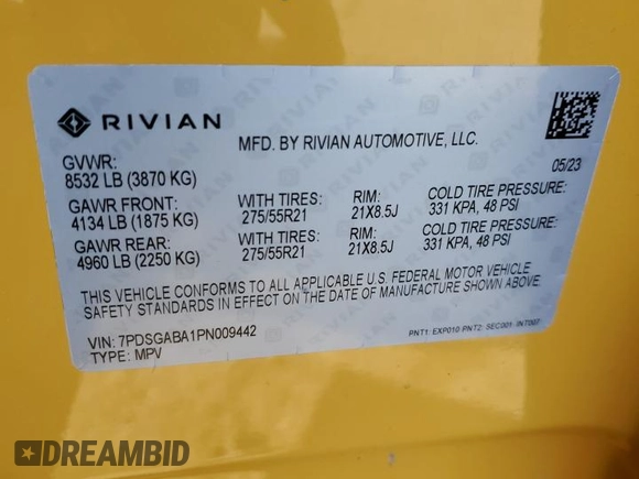 2023 Rivian R1S Adventure z VIN 7PDSGABA1PN009442, wystawiony jako Copart lot #45375605 z przebiegiem 28 047 mil mil oraz Szkody całkowita. Historia ofert i sprzedaży dostępna na DreamBid. Obrazek 13.