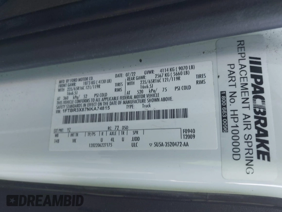 2022 Ford Transit Cargo с VIN 1FTBR3X87NKA74815, выставлен на аукционе IAAI как лот 42323910 с пробегом 57 064 миль миль и . История ставок и продаж доступна на DreamBid. Изображение 9.