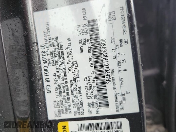 2017 Ford Fusion Hybrid SE with VIN 3FA6P0LU1HR269808, listed as a Copart auction lot 65921915 with 201,903 mi miles and Clean title. Bid and sale history available at DreamBid. Image 12.