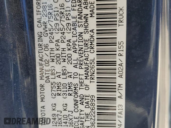2006 Toyota Tacoma PreRunner z VIN 5TETX62N36Z226899, wystawiony jako Copart lot #74495624 z przebiegiem 229 416 mil mil oraz Nie do naprawy • Non repairable. Historia ofert i sprzedaży dostępna na DreamBid. Obrazek 13.