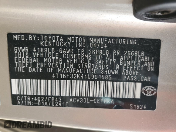 2004 Toyota Camry LE with VIN 4T1BE32K44U901585, listed as a Copart auction lot 53023065 with 123,637 mi miles and Salvage Title. Bid and sale history available at carsss.com. Image 14.