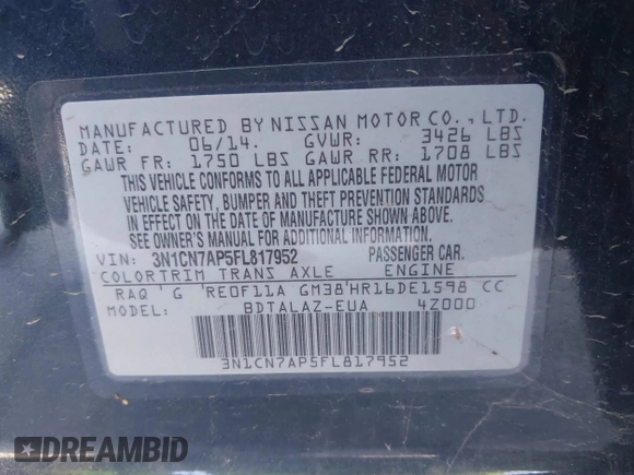 2015 Nissan Versa SV with VIN 3N1CN7AP5FL817952, listed as a IAAI auction lot 42552007 with 104,412 mi miles and . Bid and sale history available at DreamBid. Image 9.