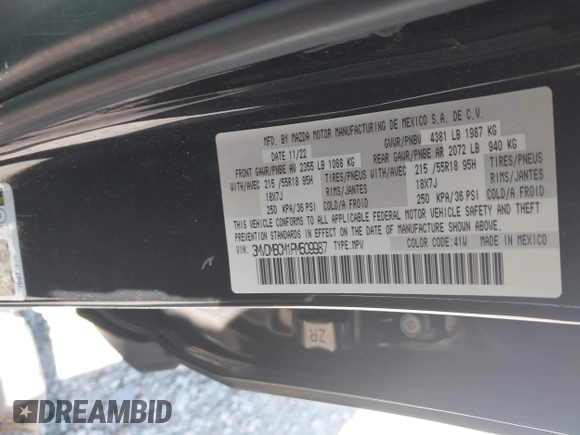 2023 Mazda CX-30 S Carbon Edition with VIN 3MVDMBCM1PM509987, listed as a IAAI auction lot 42060833 with 14,140 mi miles and . Bid and sale history available at DreamBid. Image 9.