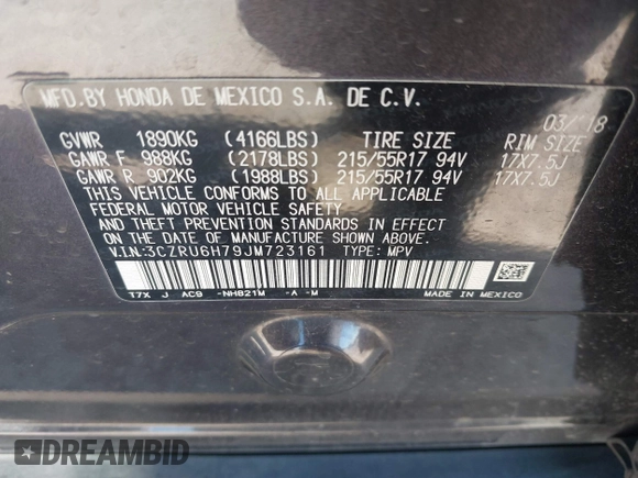 2018 Honda HR-V EX-L Navi with VIN 3CZRU6H79JM723161, listed as a IAAI auction lot 41390924 with 80,669 mi miles. Bid and sale history available at carsss.com. Image 9.
