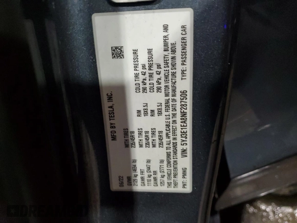 2022 Tesla Model 3 with VIN 5YJ3E1EA8NF287506, listed as a Copart auction lot 55674145 with 106,745 mi miles and Clean Title. Bid and sale history available at DreamBid. Image 13.