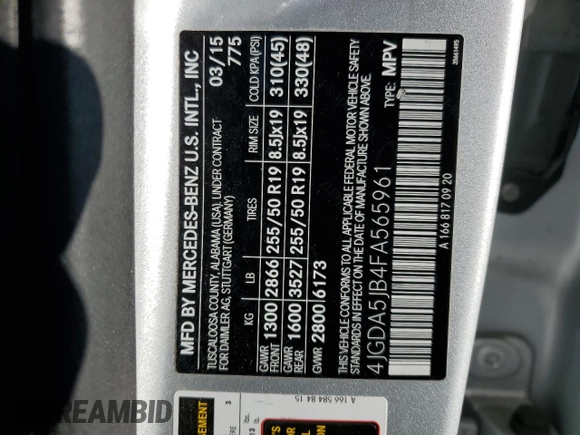 2015 Mercedes-Benz M ML 350 with VIN 4JGDA5JB4FA565961, listed as a Copart auction lot 45344375 with 123,323 mi miles and Salvage Title. Bid and sale history available at carsss.com. Image 13.