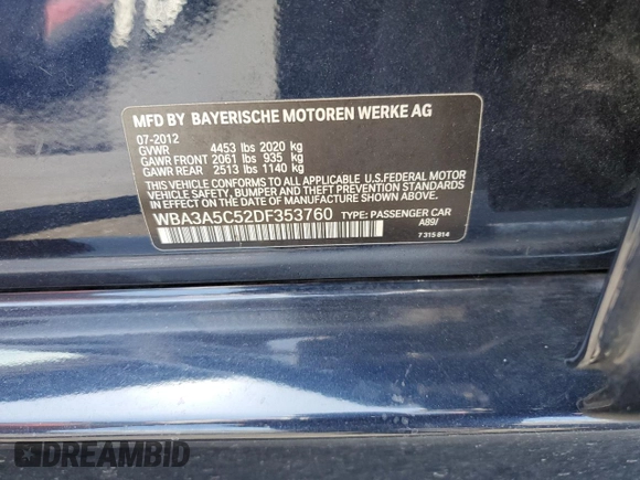 2013 BMW 3 Series 328i with VIN WBA3A5C52DF353760, listed as a Copart auction lot 62737045 with 129,354 mi miles and Salvage title. Bid and sale history available at DreamBid. Image 12.