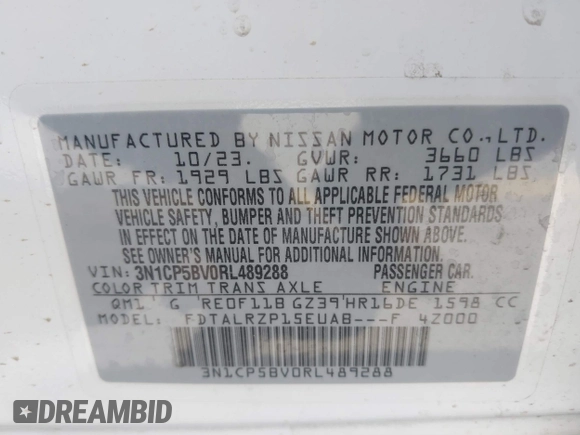 2024 Nissan Kicks S with VIN 3N1CP5BV0RL489288, listed as a IAAI auction lot 41799951 with 13,193 mi miles and . Bid and sale history available at carsss.com. Image 9.
