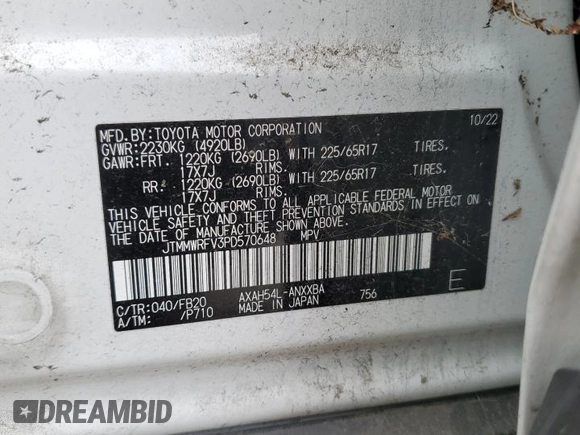 2023 Toyota RAV4 Hybrid LE with VIN JTMMWRFV3PD570648, listed as a Copart auction lot 86983174 with 27,258 mi miles and Salvage title. Bid and sale history available at DreamBid. Image 13.