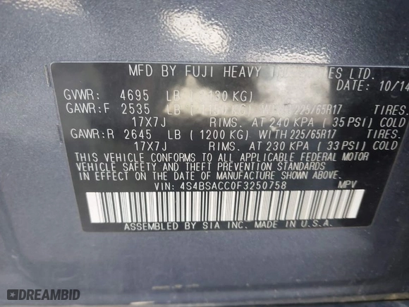 2015 Subaru Outback 2.5i Premium with VIN 4S4BSACC0F3250758, listed as a IAAI auction lot 41859326 with 75,749 mi miles. Bid and sale history available at carsss.com. Image 9.