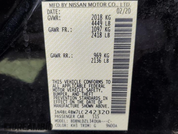 2020 Nissan Altima 2.5 S with VIN 1N4BL4BW7LC242320, listed as a Copart auction lot 85477324 with 99,608 mi miles and Salvage Title. Bid and sale history available at carsss.com. Image 12.