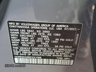 2022 Volkswagen Atlas SEL Premium R-Line with VIN 1V2FE2CA3NC231068, listed as a Copart auction lot 87459184 with Not provided miles and Salvage title. Bid and sale history available at DreamBid. Image 12.