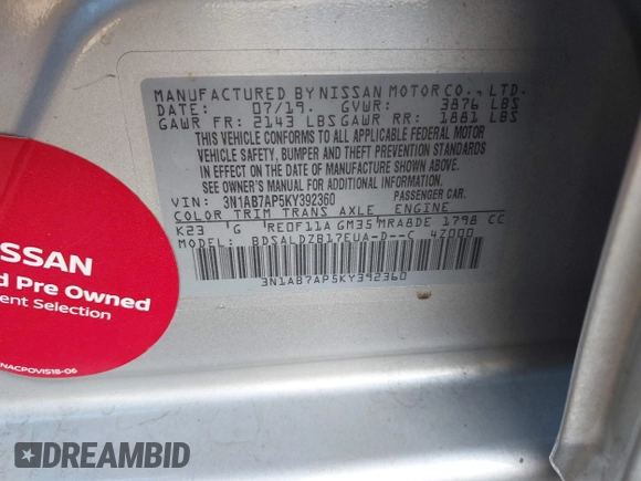 2019 Nissan Sentra S with VIN 3N1AB7AP5KY392360, listed as a IAAI auction lot 41929428 with 68,141 mi miles and . Bid and sale history available at DreamBid. Image 9.
