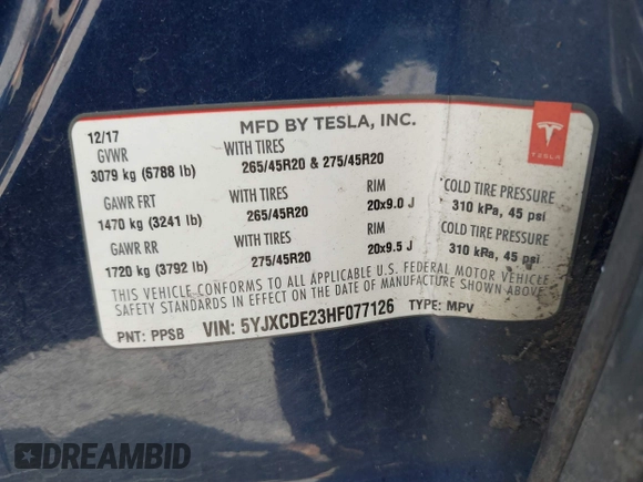 2017 Tesla Model X 90D z VIN 5YJXCDE23HF077126, wystawiony jako IAAI lot #42035067 z przebiegiem Nie podano mil oraz . Historia ofert i sprzedaży dostępna na DreamBid. Obrazek 9.