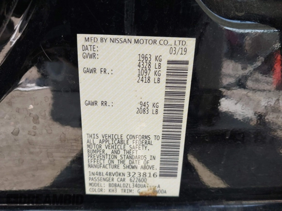 2019 Nissan Altima S with VIN 1N4BL4BV0KN323816, listed as a IAAI auction lot 42081799 with 117,230 mi miles and . Bid and sale history available at carsss.com. Image 9.